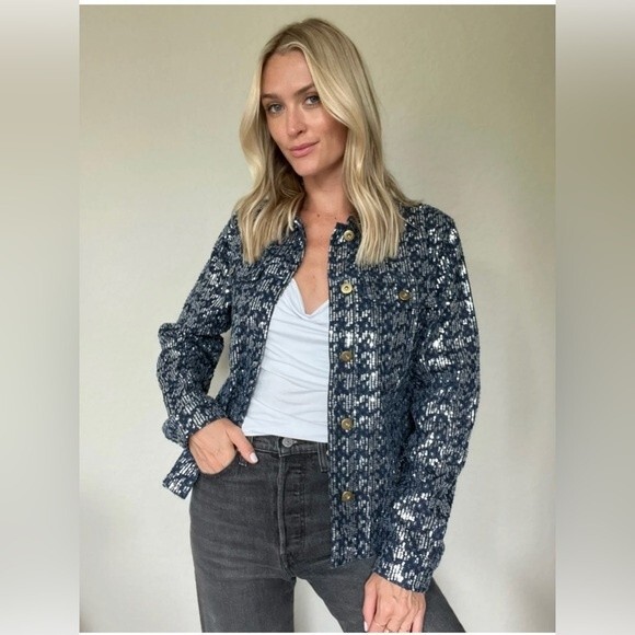 Six/Fifty Pixie Jacket Denim Sequin Blue Size Medium NWT - Picture 9 of 9